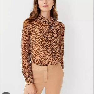 Ann Taylor Leopard Print Tie Neck Blouse with Gold Threading